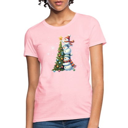 Cute Snowman Decorating Christmas Tree Women's Contoured T-Shirt - pink