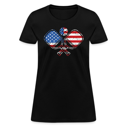 American Flag Pickleball Paddle Women's Contoured T-Shirt - black