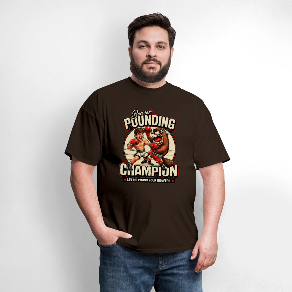 Beaver Pounding Champion Funny Adult Humor Graphic T-Shirt - brown