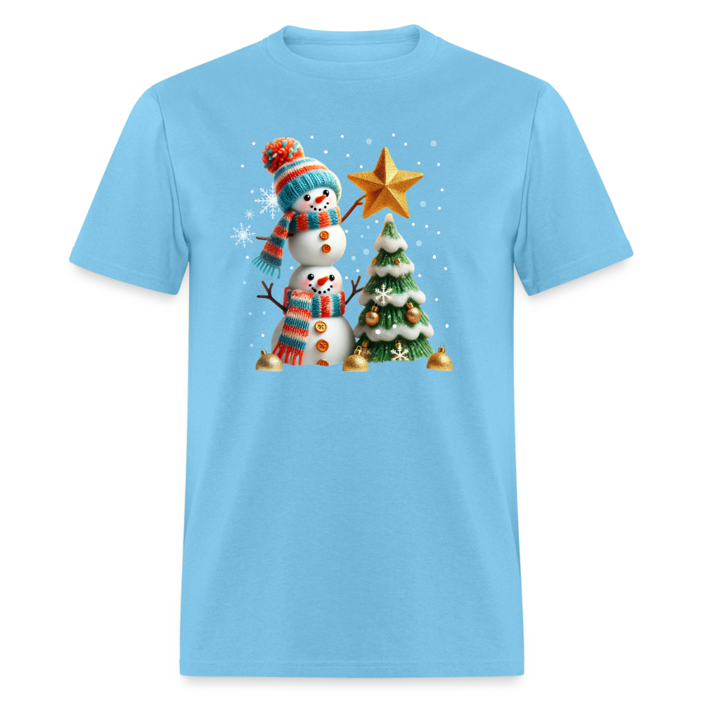 Cute Christmas Funny Snowman Decorating Tree T-Shirt - aquatic blue