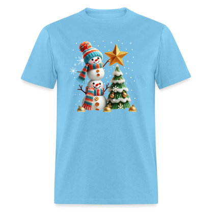 Cute Christmas Funny Snowman Decorating Tree T-Shirt - aquatic blue