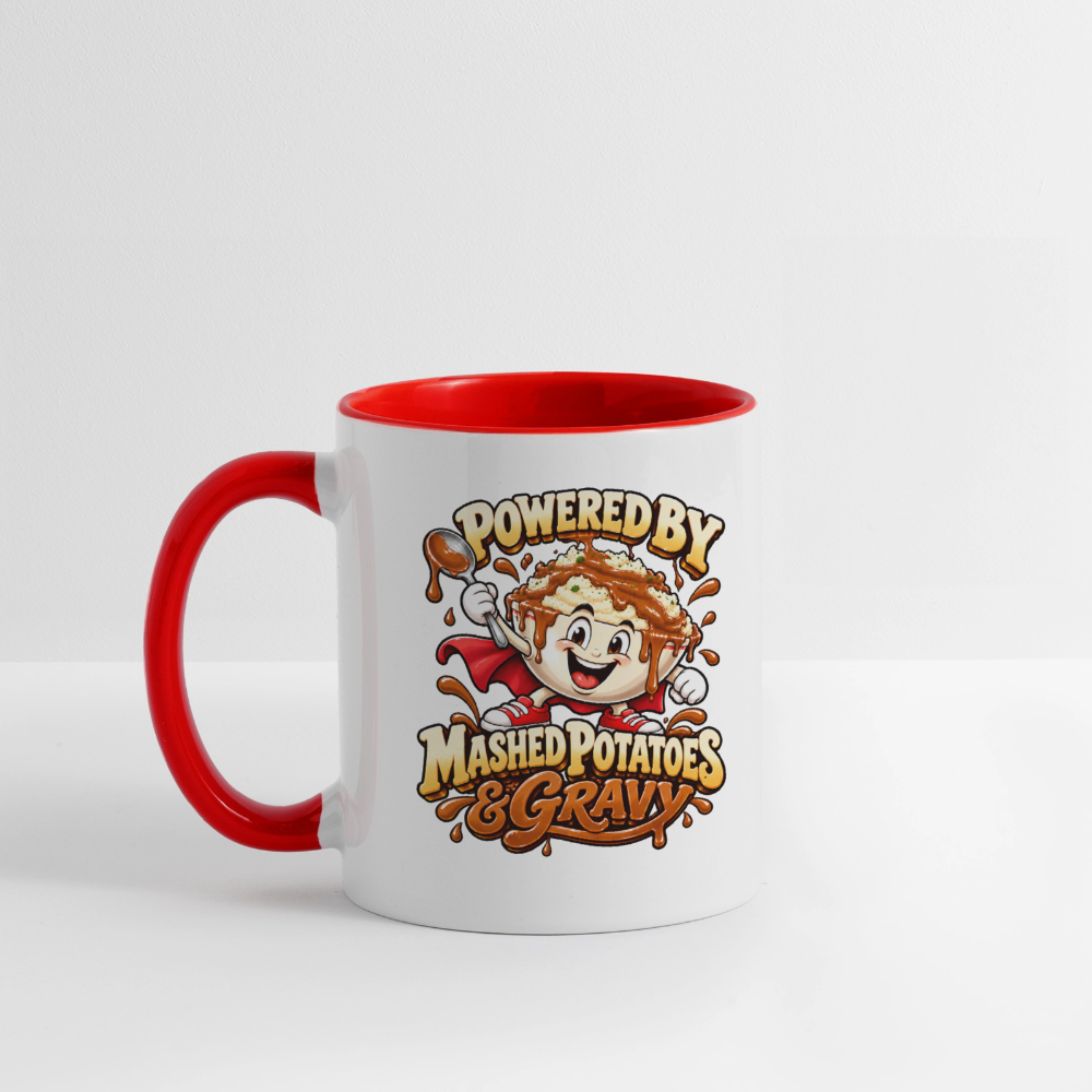 Powered by Mashed Potatoes & Gravy – Superhero Coffee Mug - white/red