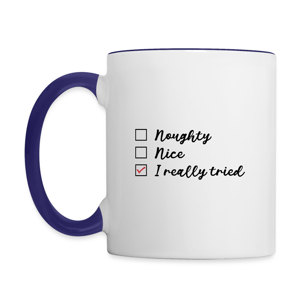 Naught Nice I Really Tried Coffee Mug (Christmas) - white/cobalt blue