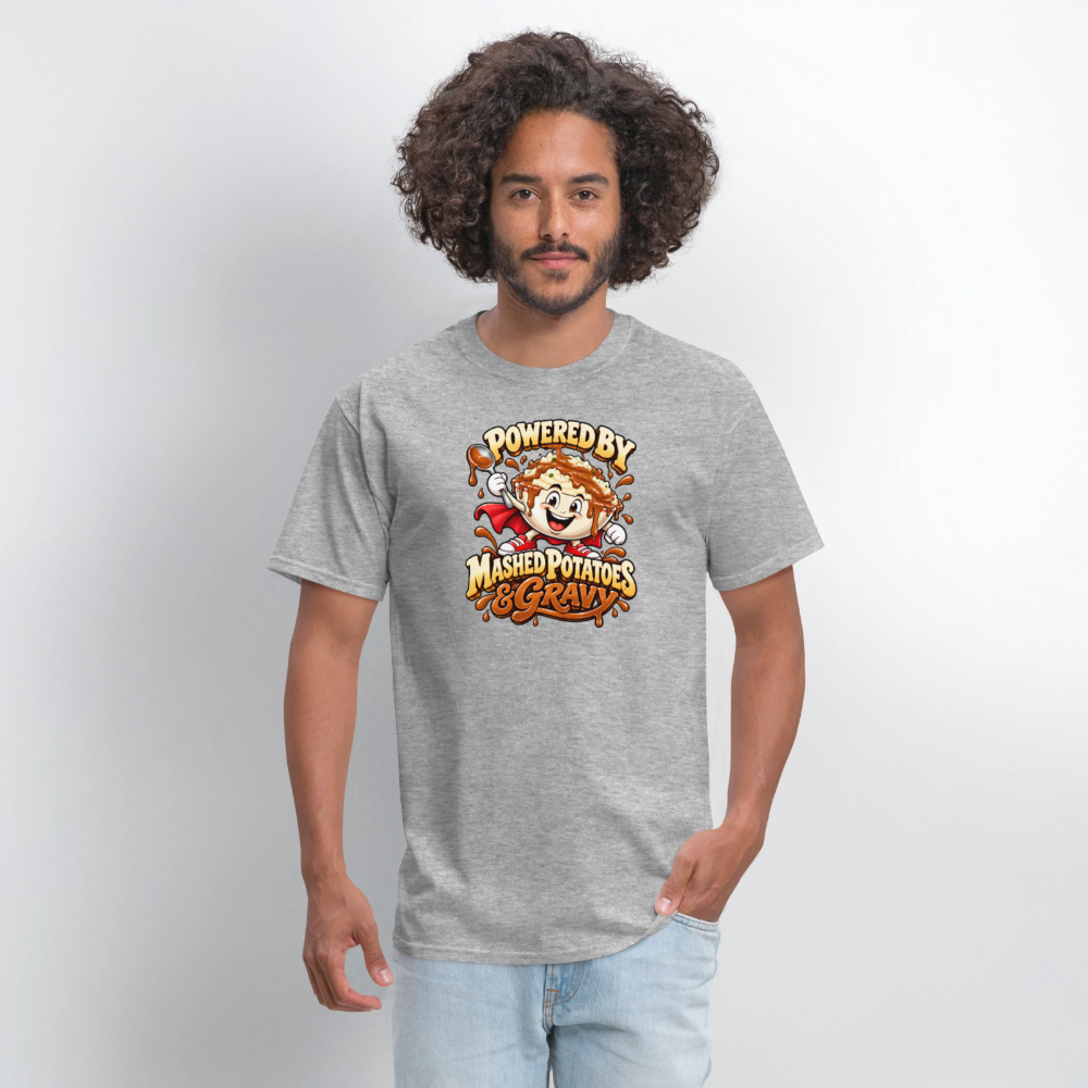 Powered by Mashed Potatoes & Gravy – Superhero T-Shirt - heather gray
