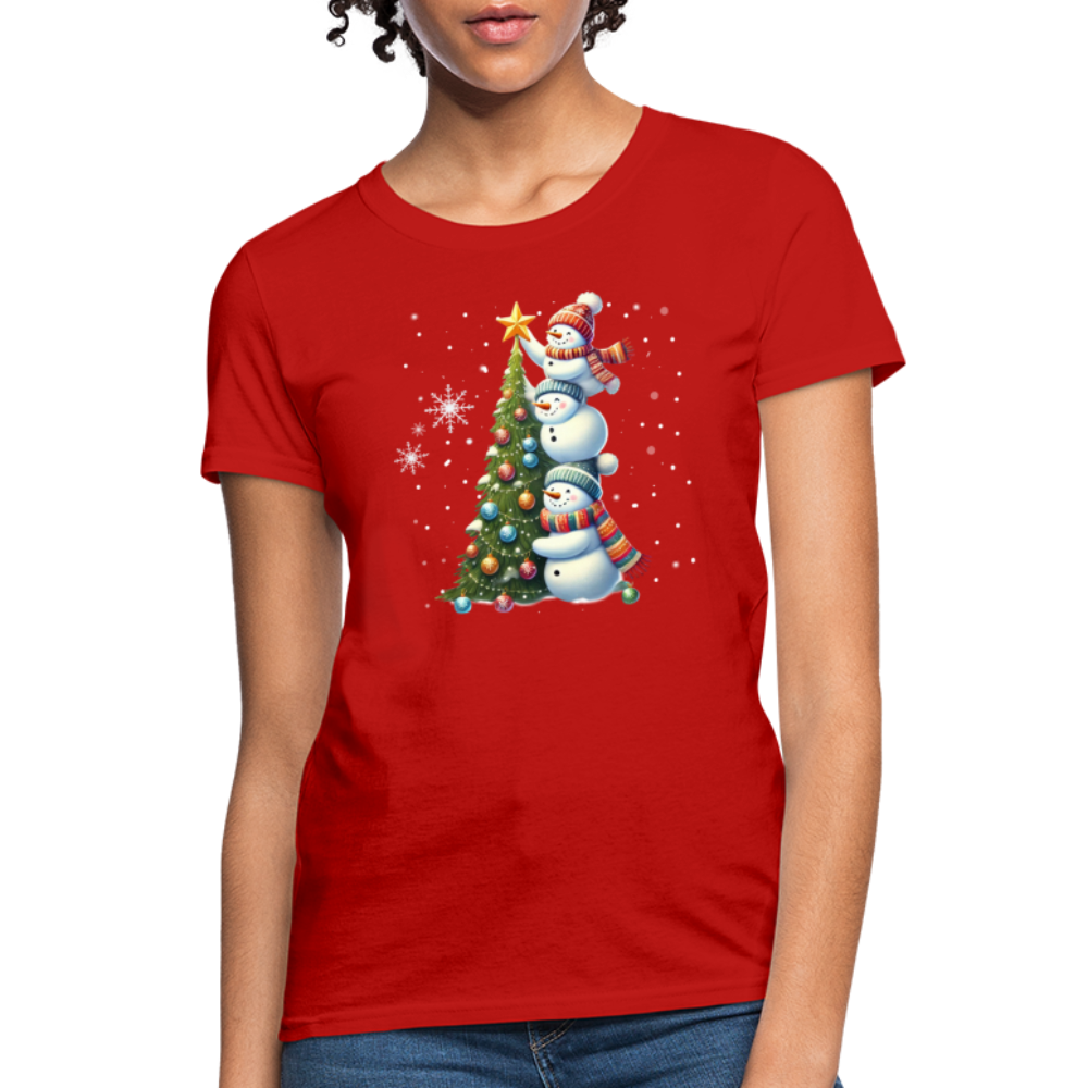 Cute Snowman Decorating Christmas Tree Women's Contoured T-Shirt - red