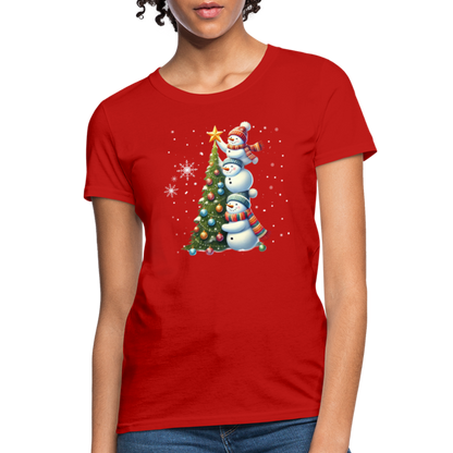 Cute Snowman Decorating Christmas Tree Women's Contoured T-Shirt - red