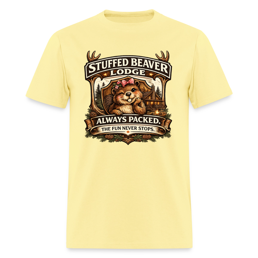 Stuffed Beaver Lodge Funny Adult T-Shirt Color: Cornsilk
