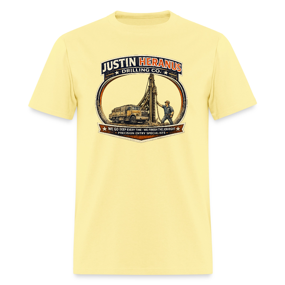 Justin Heranus Drilling Co T-Shirt Funny Adult Humor Tee - cornsilk