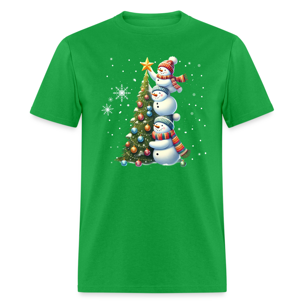 Cute Snowman Decorating Christmas Tree T-Shirt - bright green