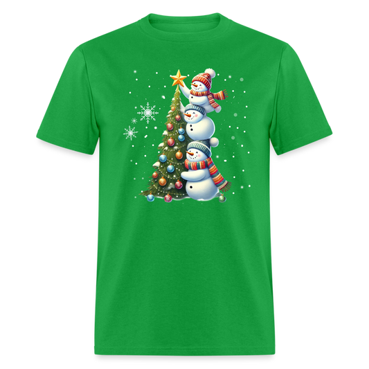 Cute Snowman Decorating Christmas Tree T-Shirt - bright green