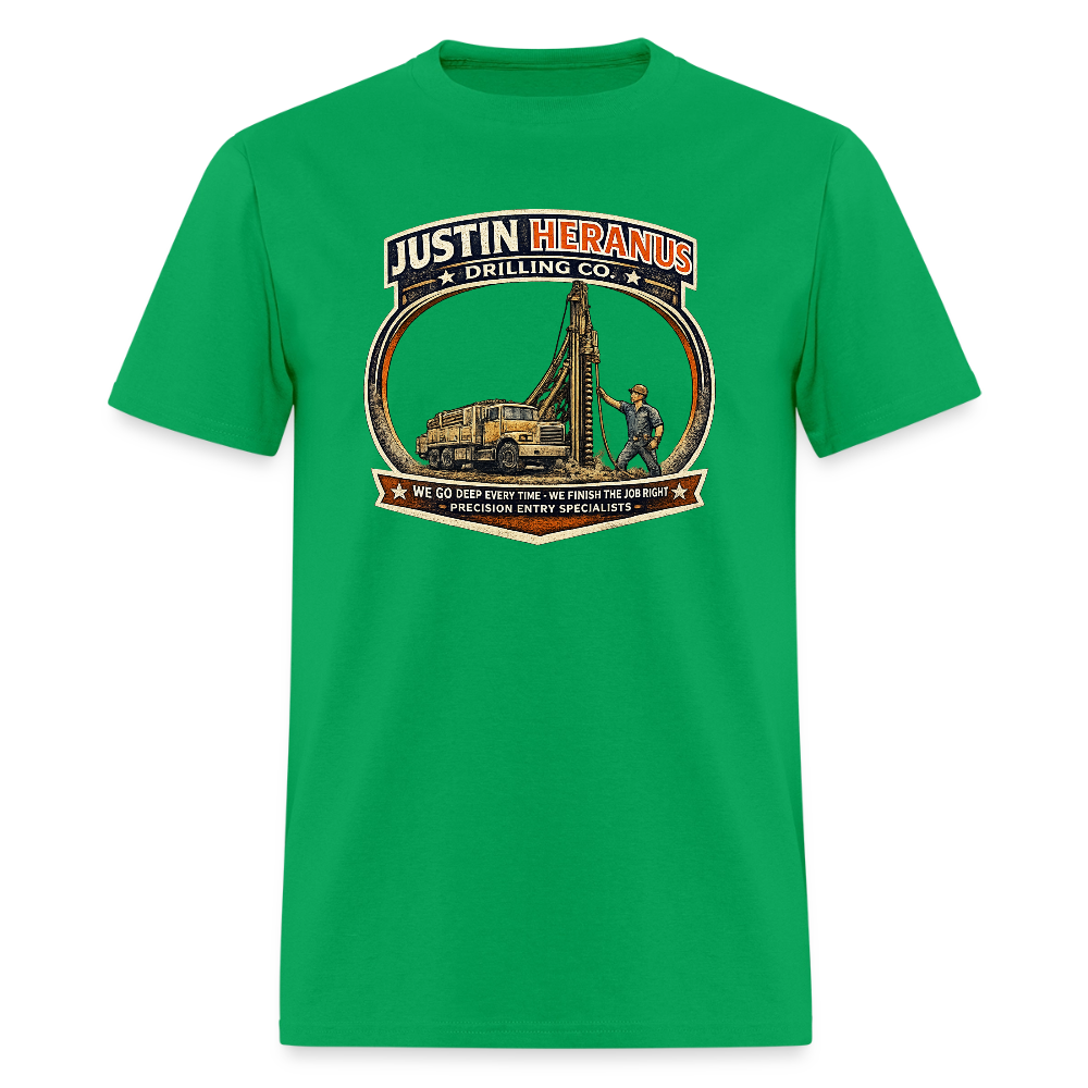 Justin Heranus Drilling Co T-Shirt Funny Adult Humor Tee - bright green