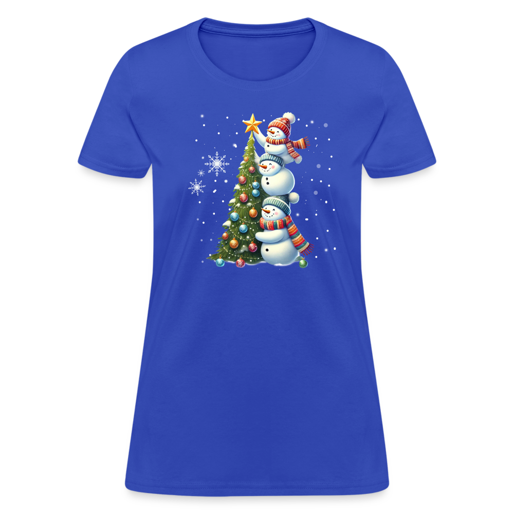 Cute Snowman Decorating Christmas Tree Women's Contoured T-Shirt - royal blue