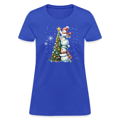 Cute Snowman Decorating Christmas Tree Women's Contoured T-Shirt - royal blue