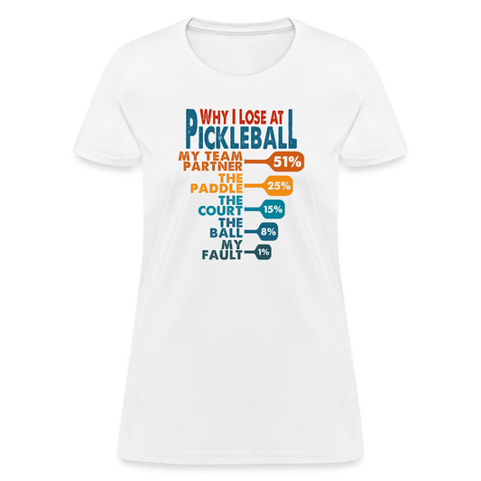 Why I Lose at Pickleball Women's Contoured T-Shirt - white