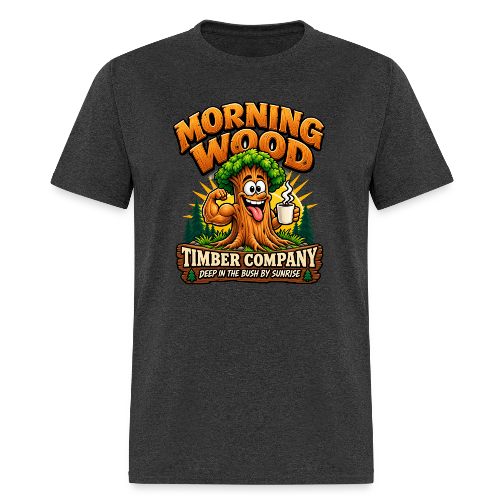 Morning Wood Timber Company Funny Adult Humor T-Shirt – Deep in the Bush by Sunrise Color: Heather Black