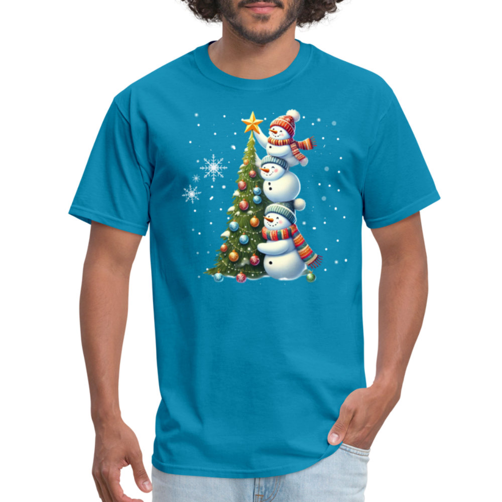 Cute Snowman Decorating Christmas Tree T-Shirt - turquoise