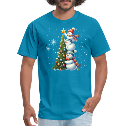 Cute Snowman Decorating Christmas Tree T-Shirt - turquoise