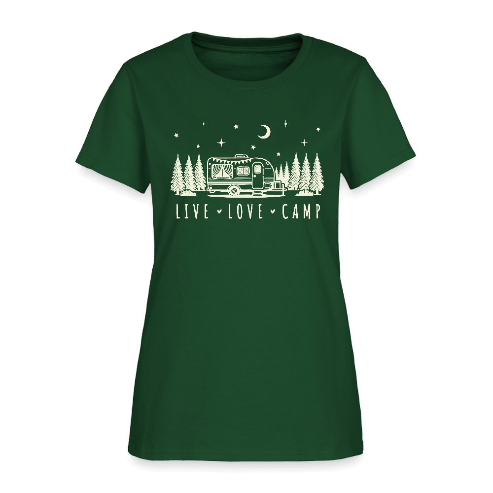 Live Love Camp Women’s T-Shirt – Camper Under the Stars Color: forest green
