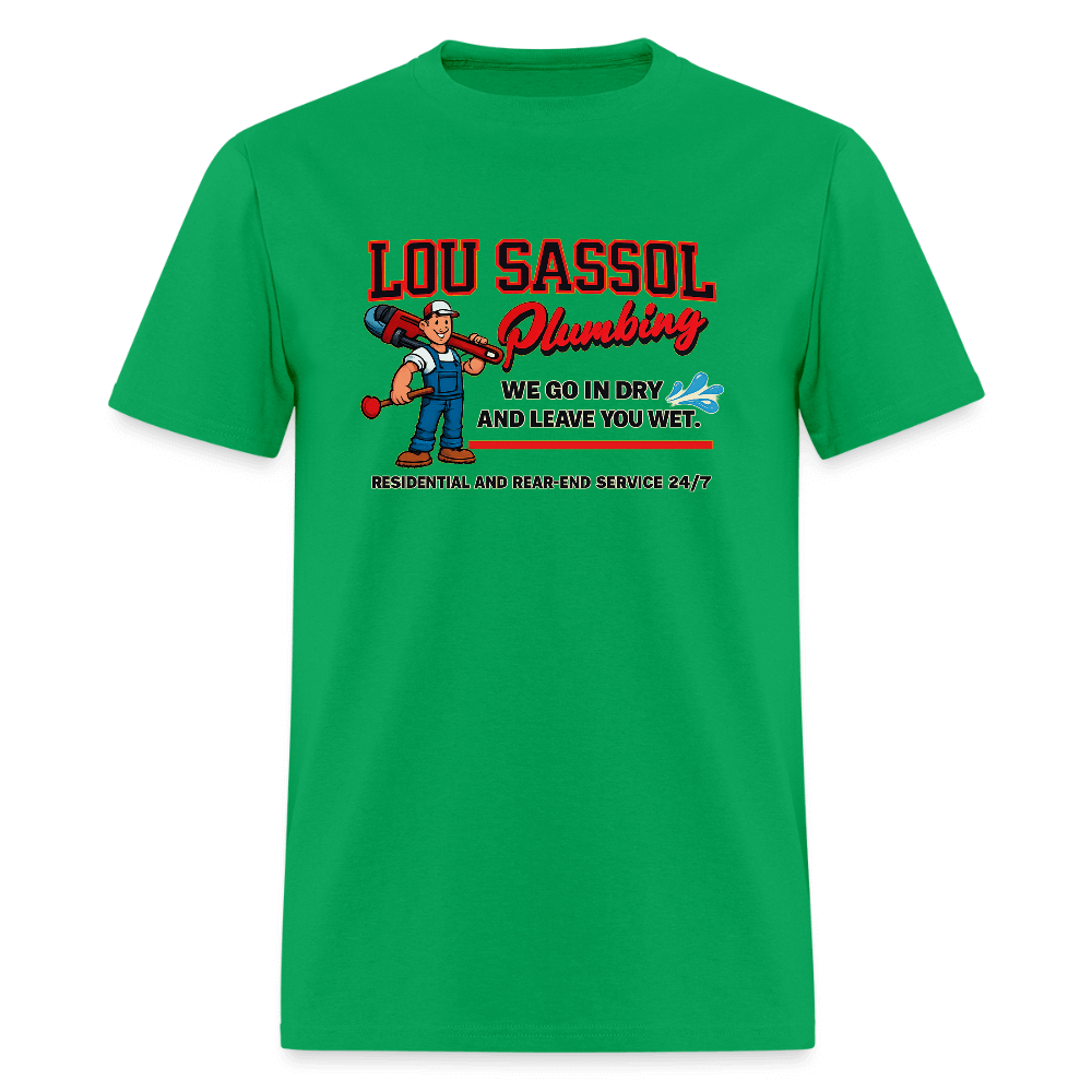 Lou Sassol Plumbing Funny Men’s T-Shirt – Adult Humor Graphic Tee Color: bright green