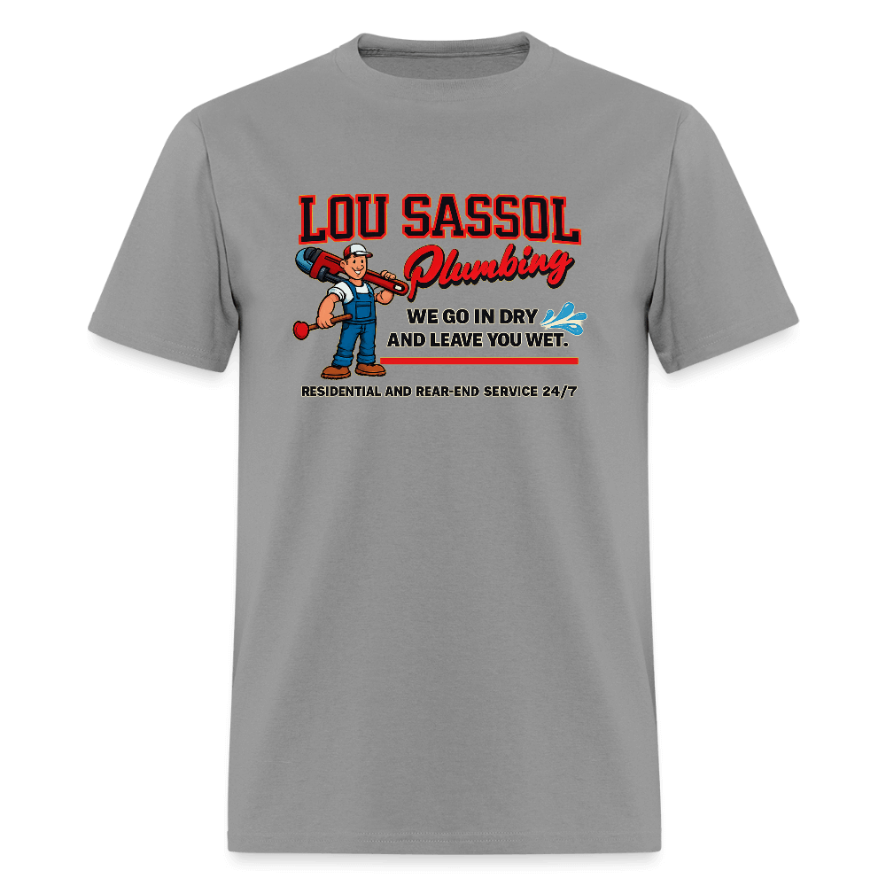 Lou Sassol Plumbing Funny Men’s T-Shirt – Adult Humor Graphic Tee Color: rock