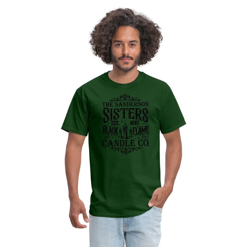 The Sanderson Sisters Black Flame Candle Co. T-Shirt (Halloween) - forest green