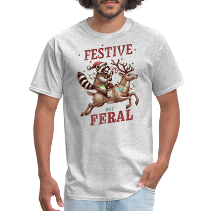 Festive But Feral Raccoon Christmas T-Shirt - heather gray