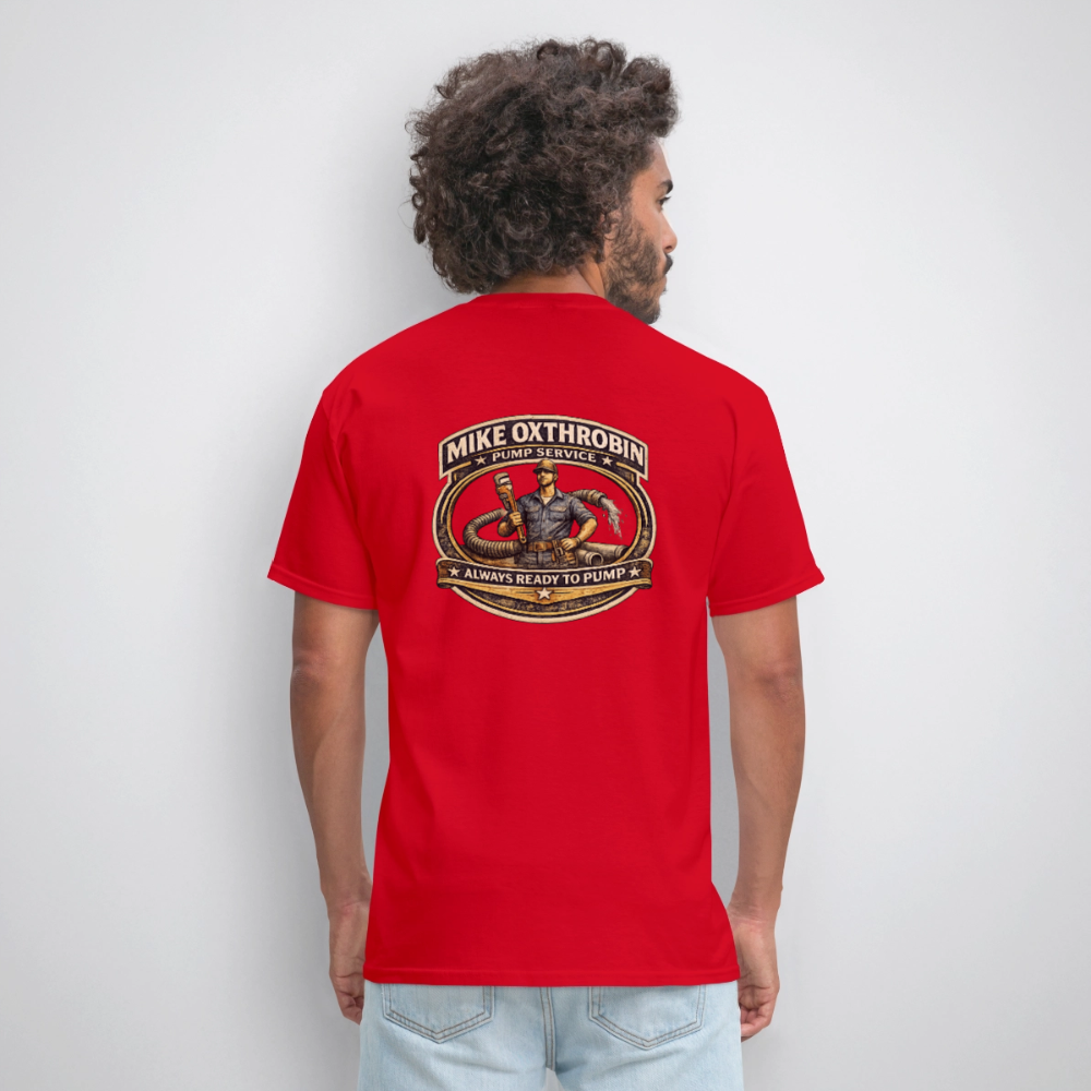 Mike Oxthrobin Pump Service Double-Sided Funny Humor Tee Color: dark red