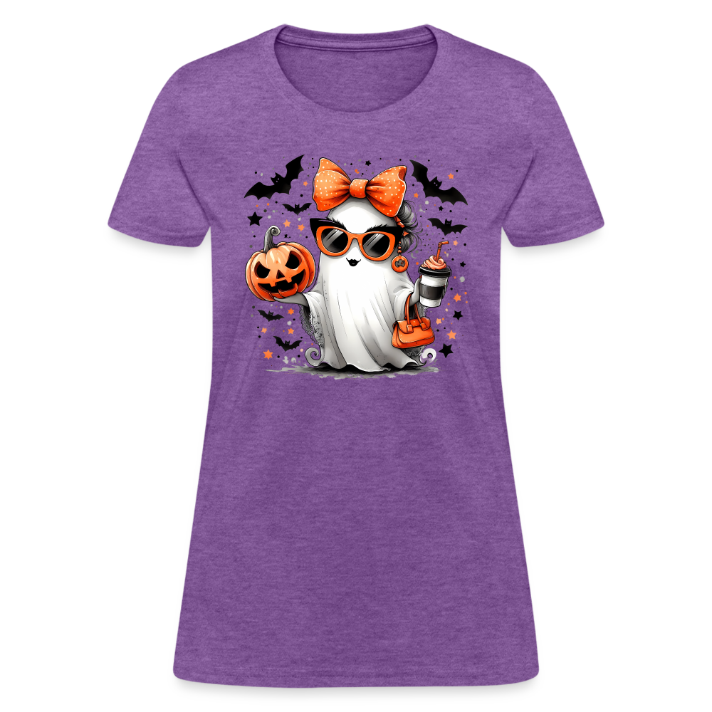 Cute Halloween Ghost with Pumpkins and Bats Women's T-Shirt (Mom Halloween Tee) - purple heather