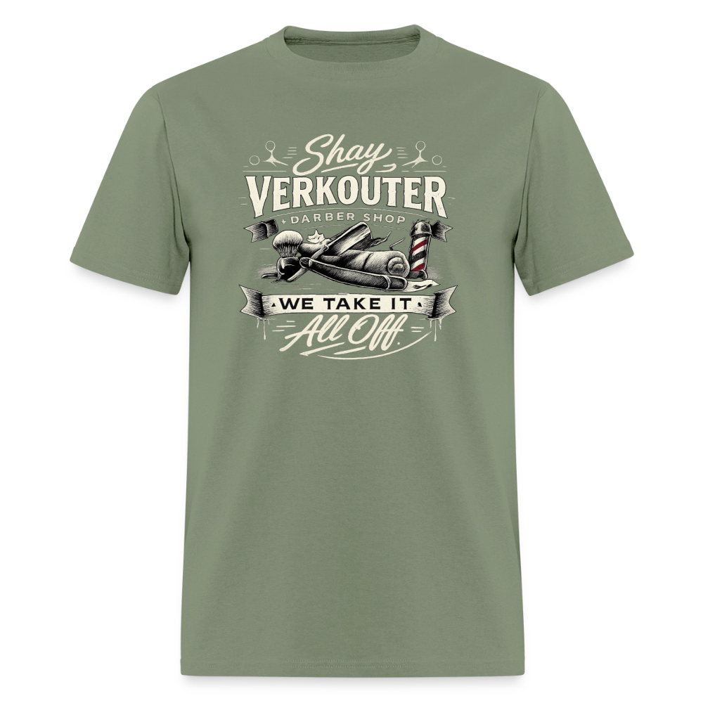 Shay Verkouter Barber Shop Funny Adult T-Shirt Color: Military Green