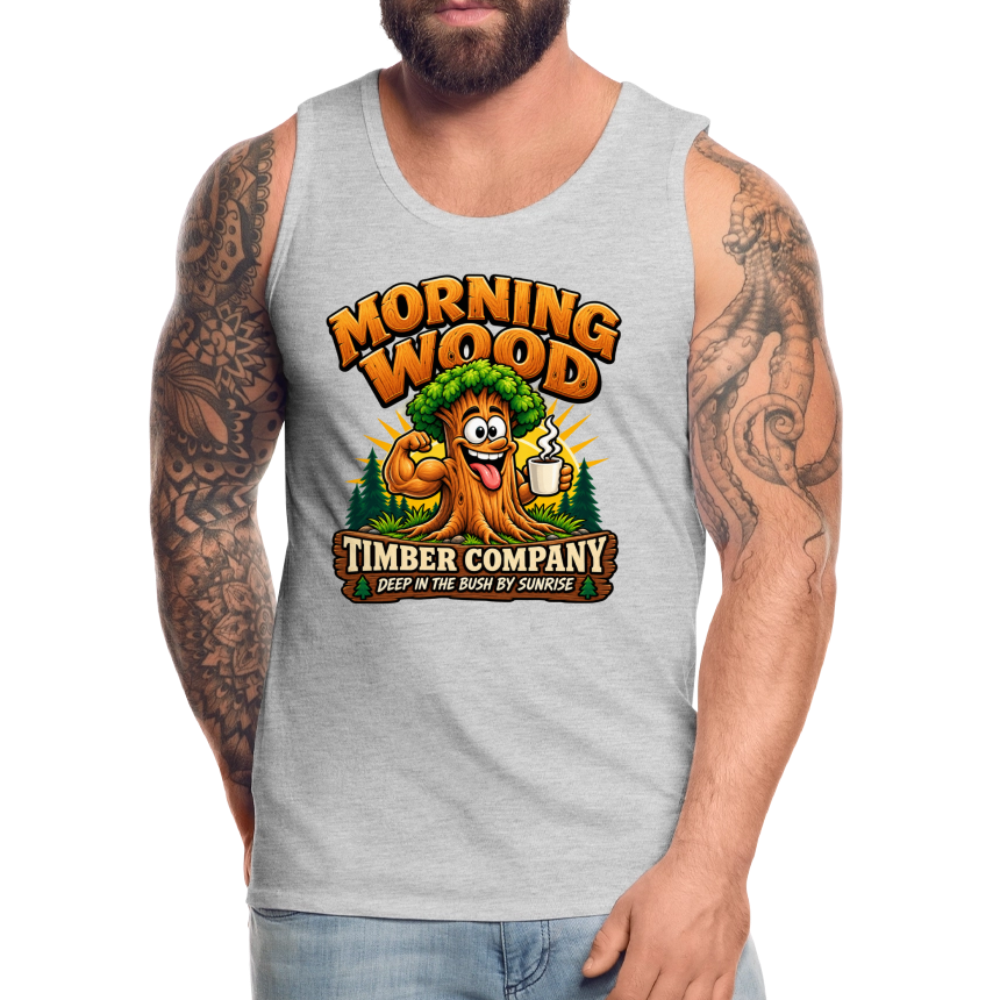 Morning Wood Timber Company Funny Adult Humor Tank Top Color: Heather Gray