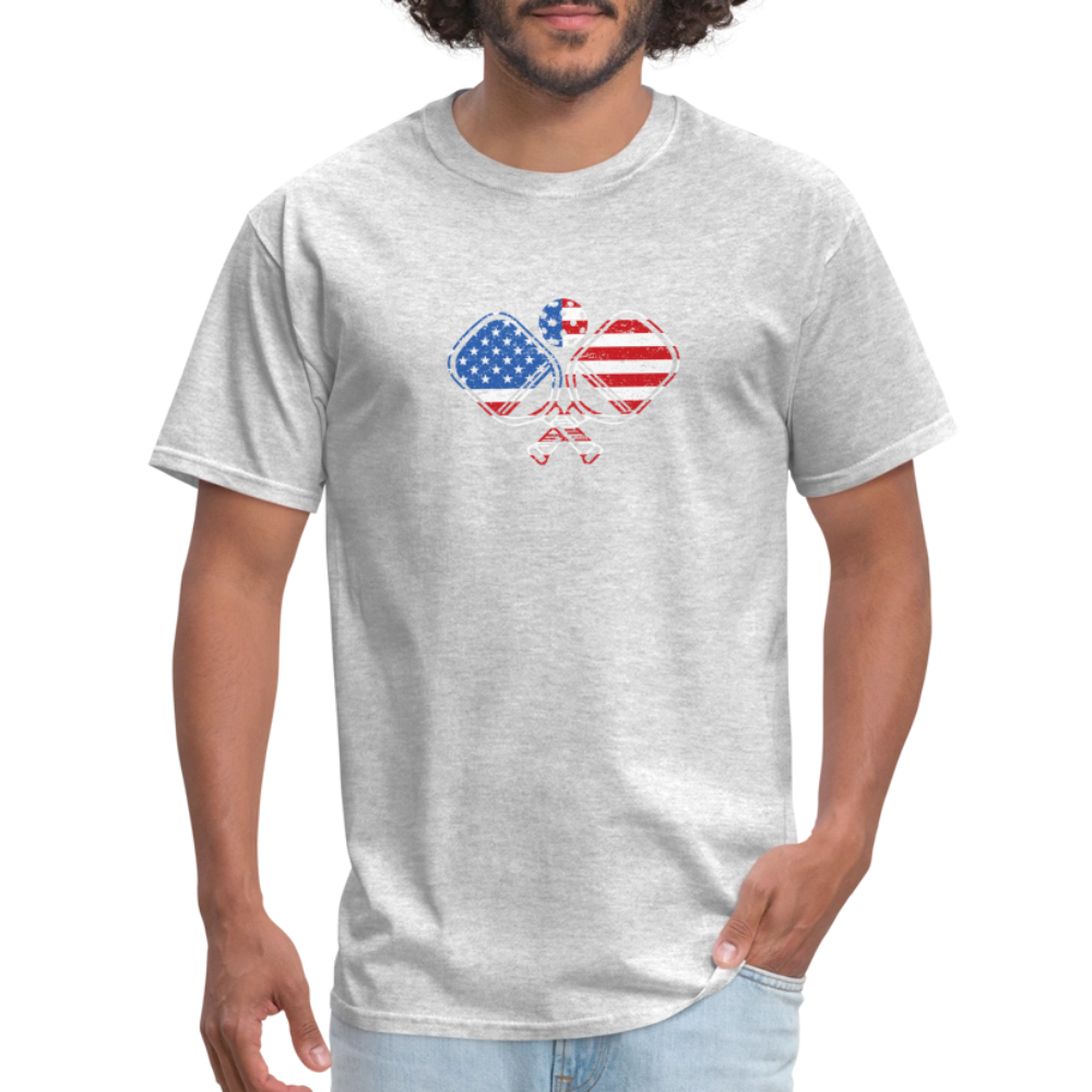 American Flag Pickleball Paddle T-Shirt - heather gray