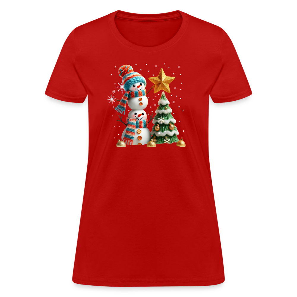 Cute Christmas Funny Snowman Decorating Tree Women's Contoured T-Shirt - red