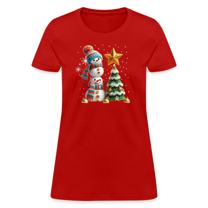 Cute Christmas Funny Snowman Decorating Tree Women's Contoured T-Shirt - red