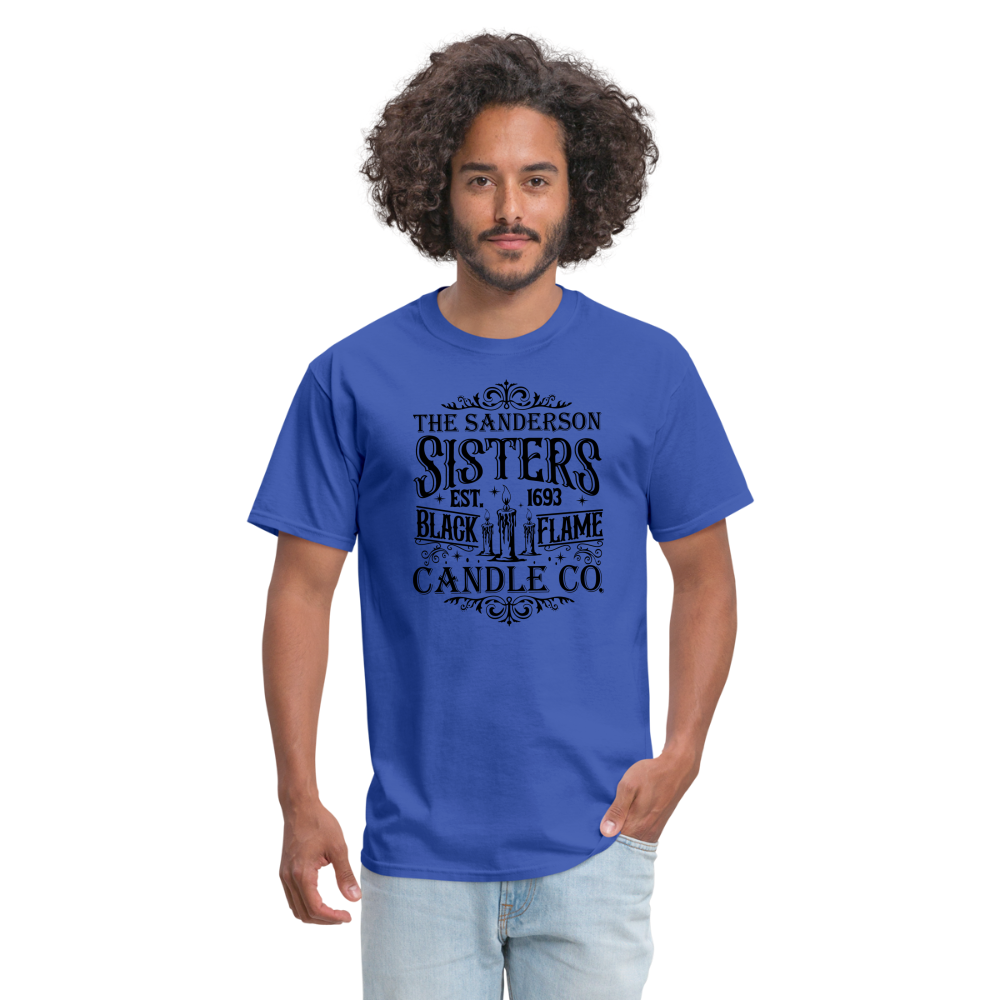 The Sanderson Sisters Black Flame Candle Co. T-Shirt (Halloween) - royal blue