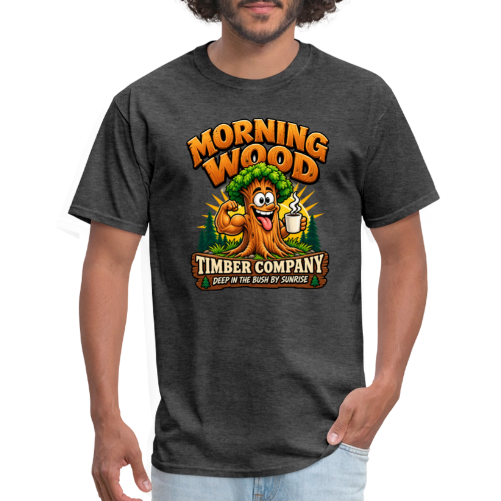 Morning Wood Timber Company Funny Adult Humor T-Shirt – Deep in the Bush by Sunrise Color: Charcoal