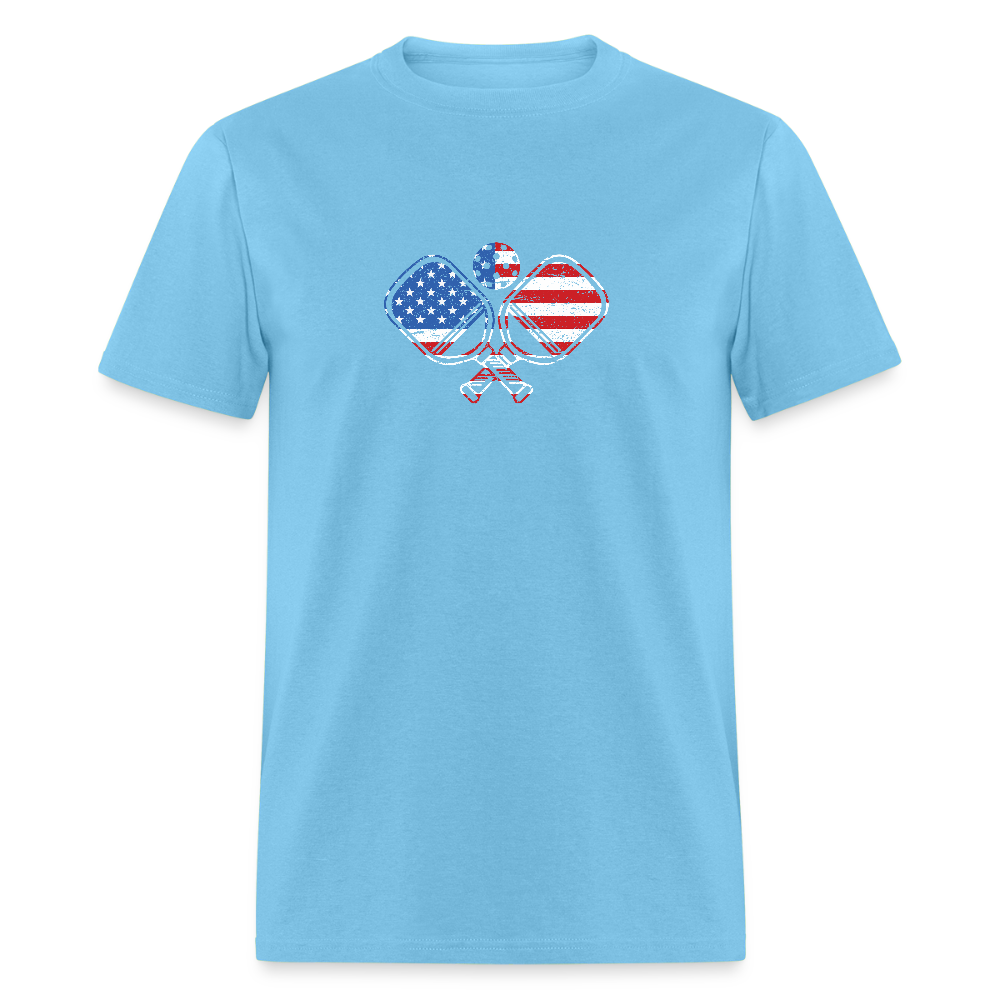 American Flag Pickleball Paddle T-Shirt - aquatic blue