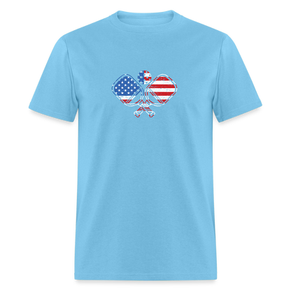 American Flag Pickleball Paddle T-Shirt - aquatic blue