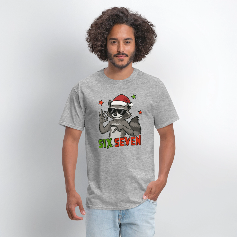 Six Seven 67 Raccoon Wearing Christmas Hat T-Shirt - heather gray