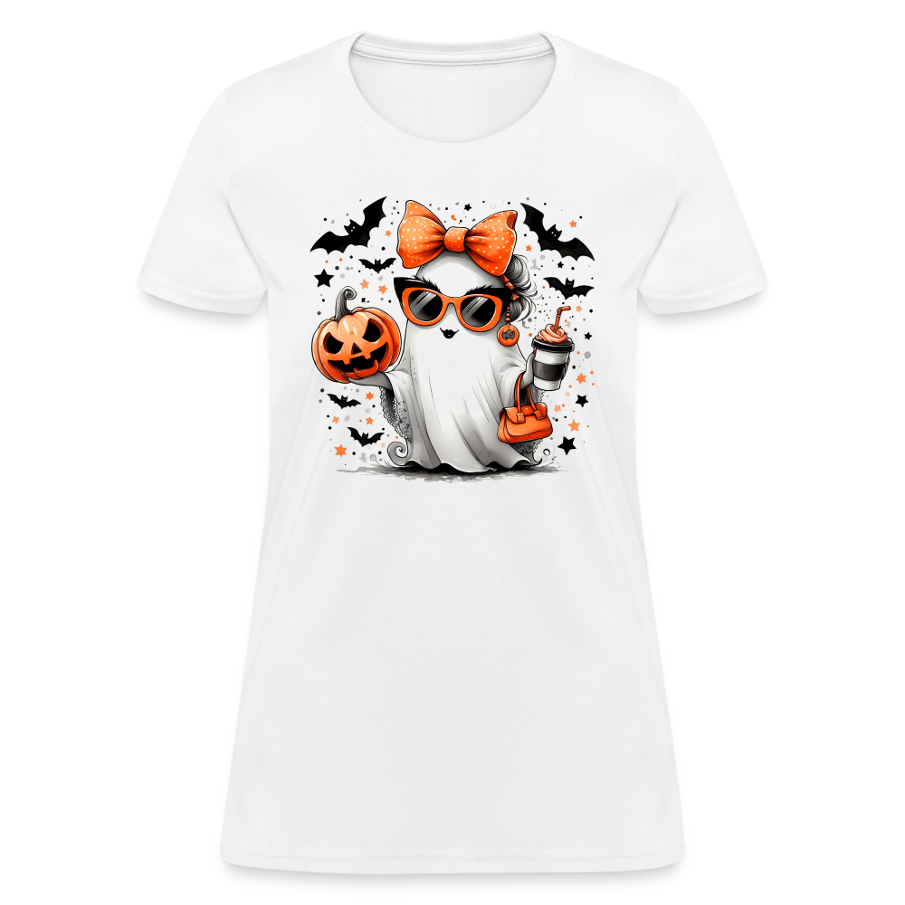 Cute Halloween Ghost with Pumpkins and Bats Women's T-Shirt (Mom Halloween Tee) - white