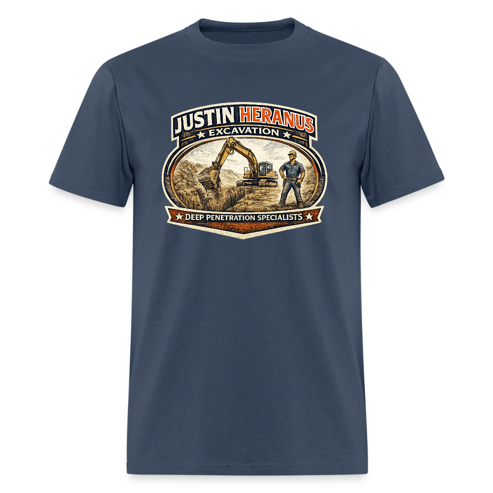 Justin Heranus Excavation T-Shirt Funny Adult Humor Tee -  blue dusk