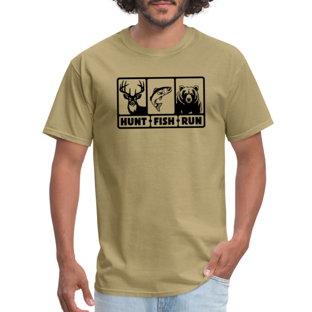 Hunt Fish Run Tee – Funny Outdoor Humor Shirt - khaki