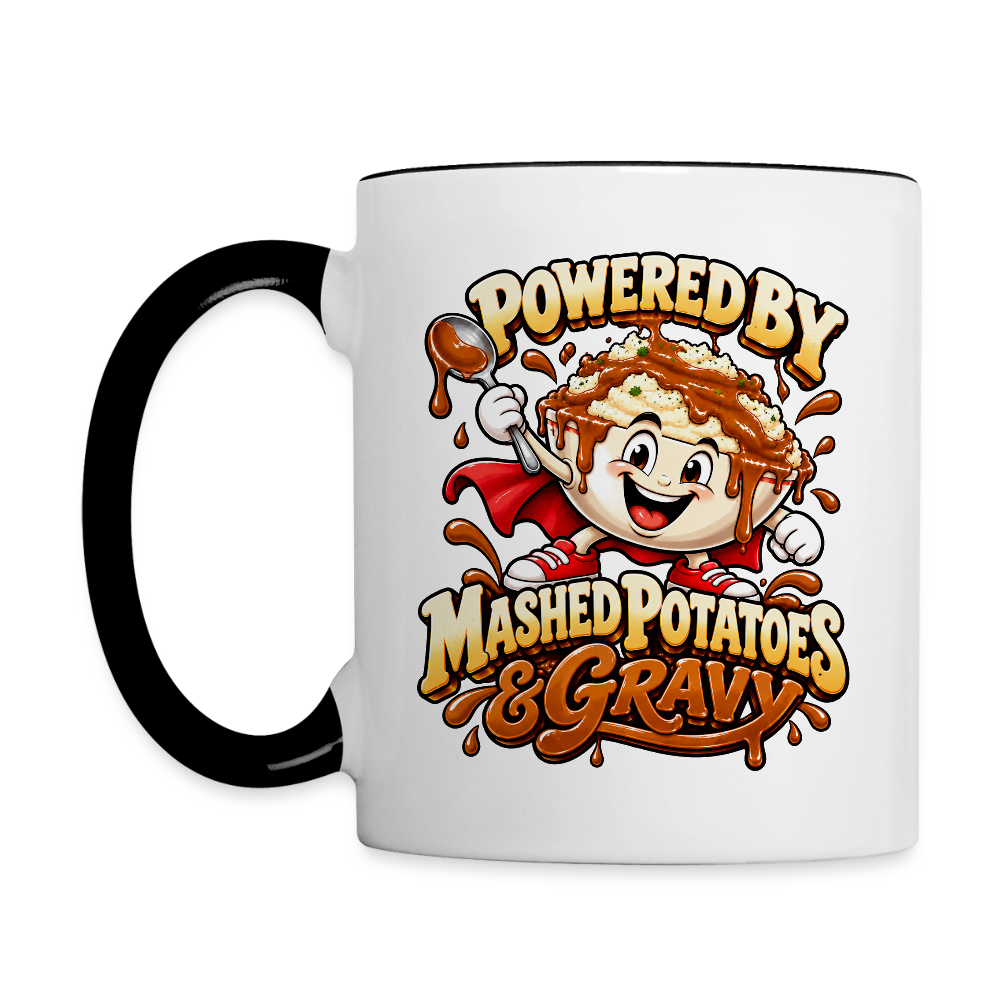 Powered by Mashed Potatoes & Gravy – Superhero Coffee Mug - white/black
