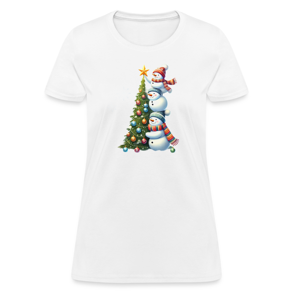 Cute Snowman Decorating Christmas Tree Women's Contoured T-Shirt - white