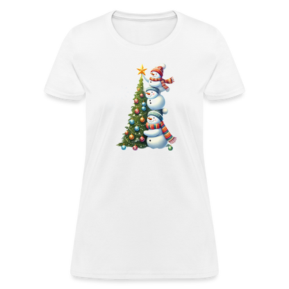 Cute Snowman Decorating Christmas Tree Women's Contoured T-Shirt - white