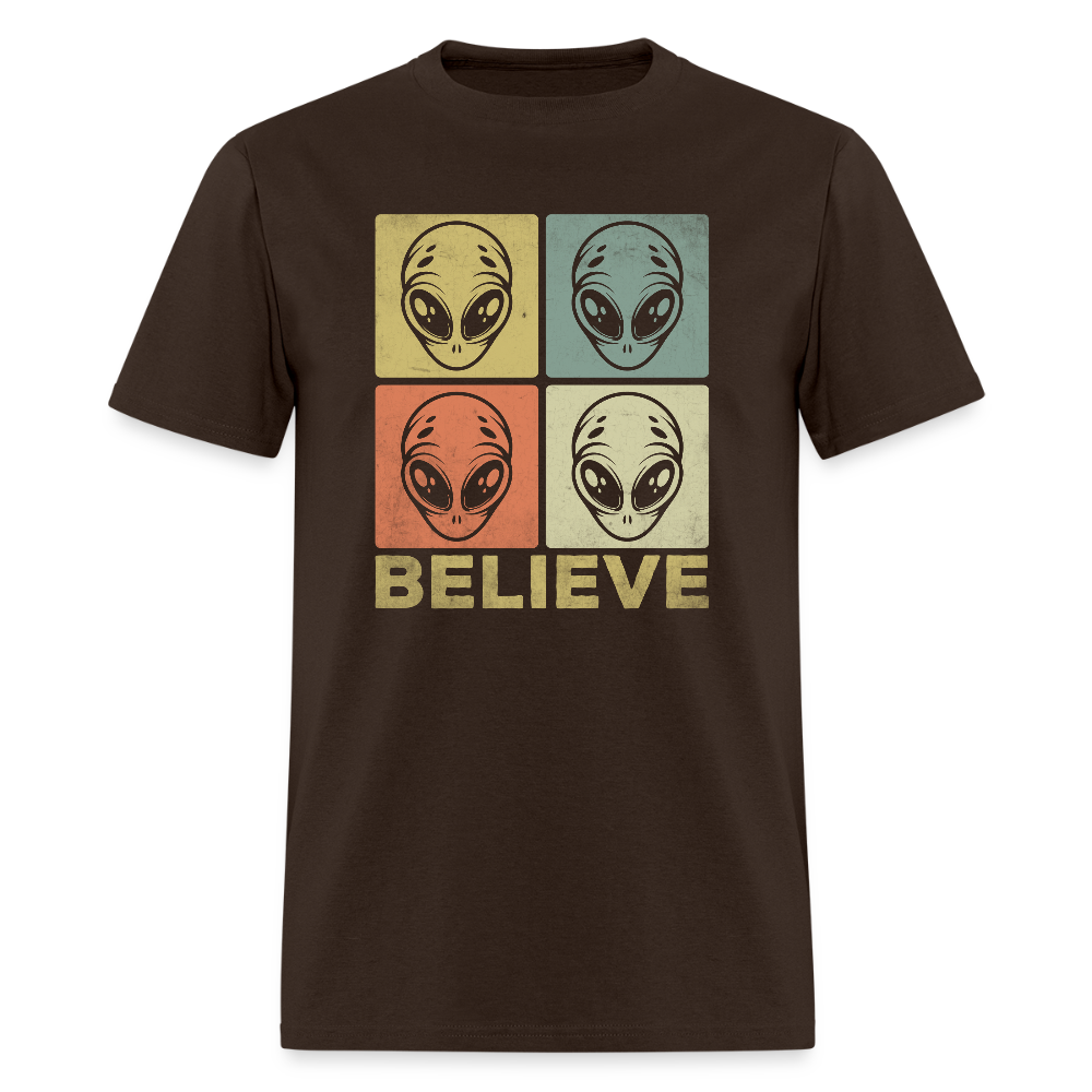 Believe Alien T-Shirt – UFO Style with Alien Faces Design - brown