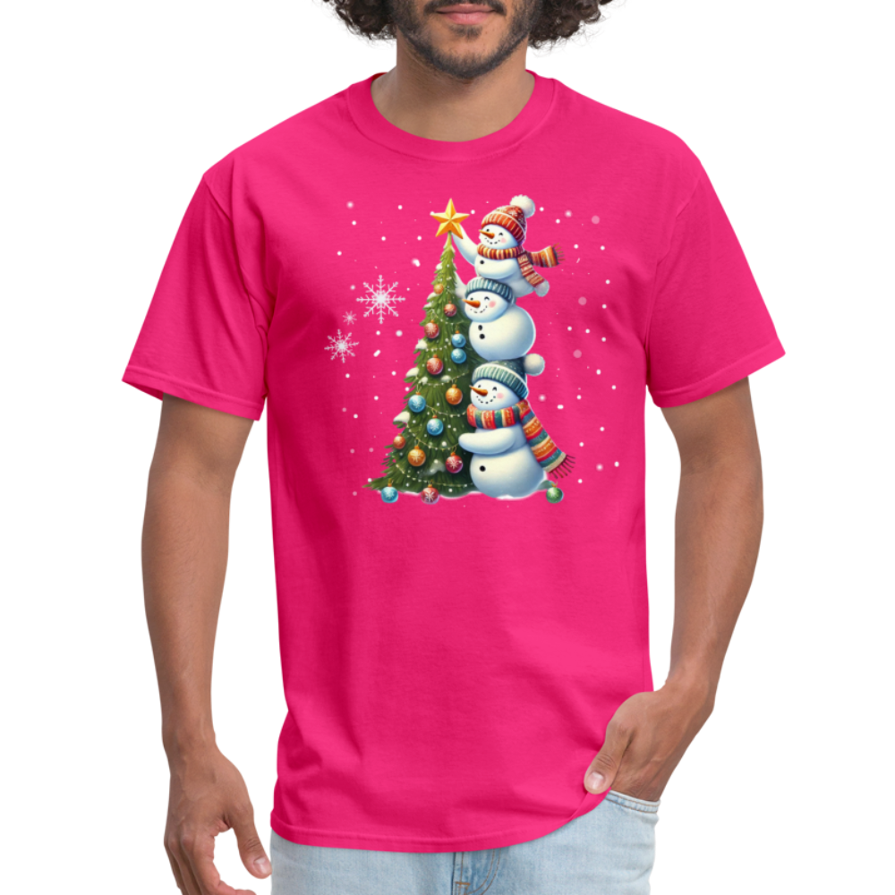 Cute Snowman Decorating Christmas Tree T-Shirt - fuchsia