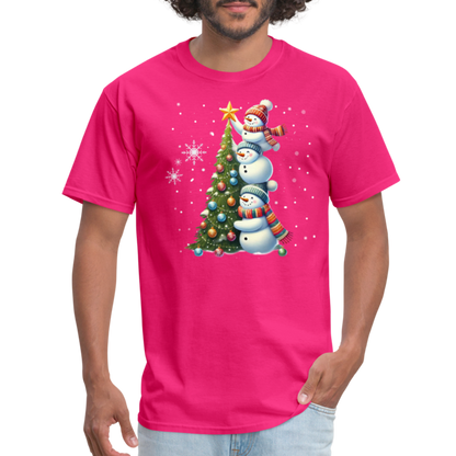 Cute Snowman Decorating Christmas Tree T-Shirt - fuchsia