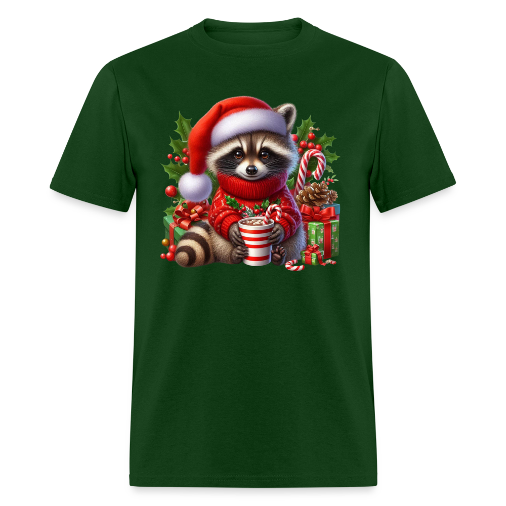 Christmas Cute Feral Raccoon T-Shirt - forest green