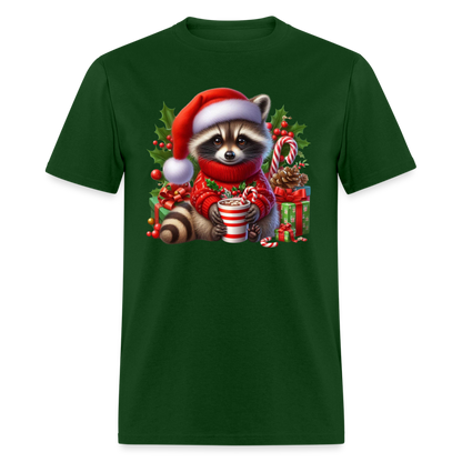 Christmas Cute Feral Raccoon T-Shirt - forest green