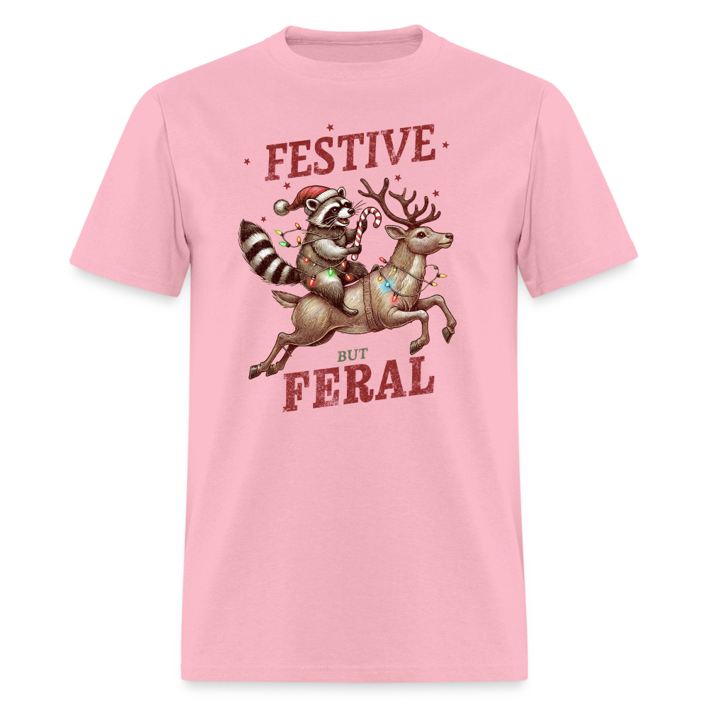 Festive But Feral Raccoon Christmas T-Shirt - pink